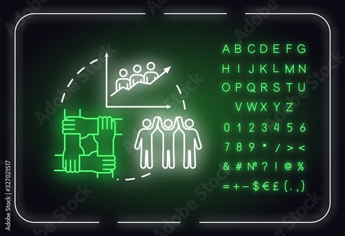 Let friendship evolve neon light concept icon. Social interactions, communication and personal skill idea. Outer glowing sign with alphabet, numbers and symbols. Vector isolated RGB color illustration