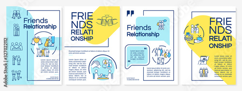 Friends relationship brochure template. Friendship core values. Flyer, booklet, leaflet print, cover design with linear icons. Vector layouts for magazines, annual reports, advertising posters photo