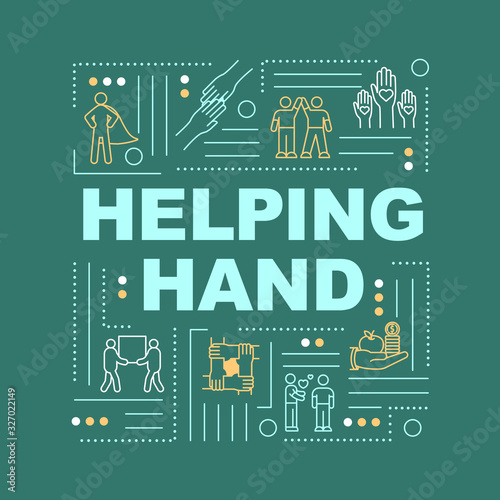 Friendly support word concepts banner. Volunteering and charity. Selfless help. Infographics with linear icons on green background. Isolated typography. Vector outline RGB color illustration