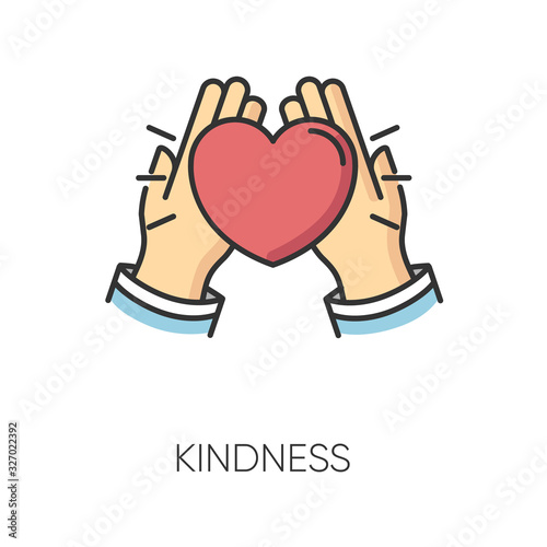 Kindness RGB color icon. Emotional affection, friendly love and support, friendship symbol. Voluntary help, charity, welface concern. Hands holding heart isolated vector illustration