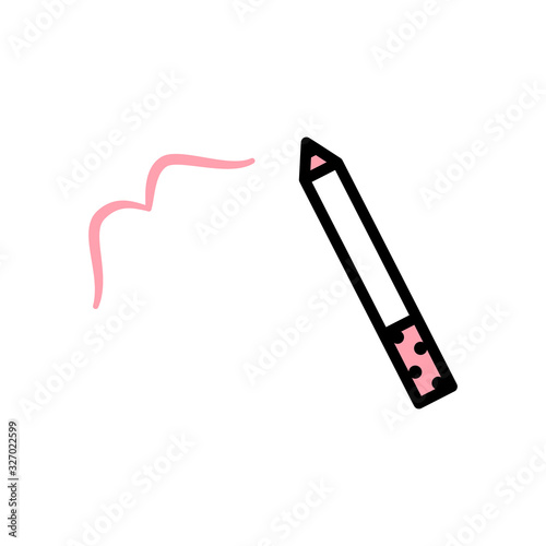 Vector lip pencil icon with black stroke, white and pink fill. Lip liner leaves a pink strokes on a white background