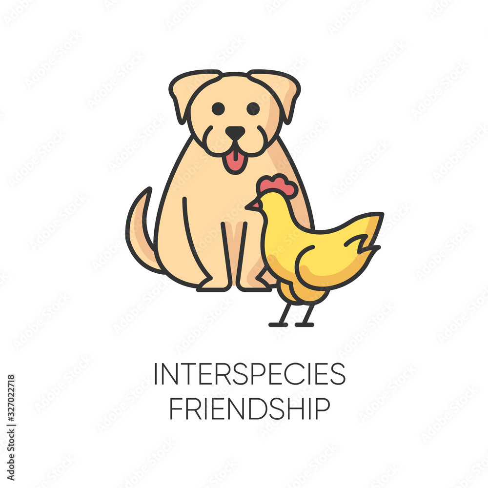 Interspecies friendship RGB color icon. Emotional bond between domestic  animals, friendly relationship and togetherness symbol. Dog and chicken  getting along isolated vector illustration Stock Vector | Adobe Stock