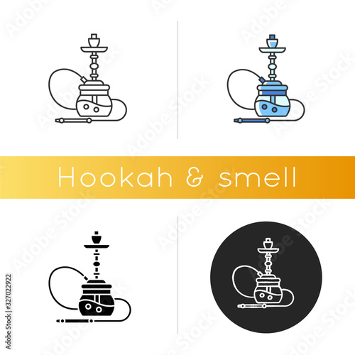 Hookah icon. Sheesha house. Egyptian relaxation. Nargile lounge. Smoking area. Accessories for shisha. Oriental hooka. Linear black and RGB color styles. Isolated vector illustrations