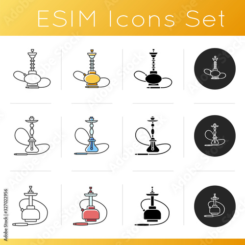 Hookah icons set. Shisha with wire. Sheesha house. Nargile lounge. Odor from pipe. Scent of vaporizing. Smoking area. Linear, black and RGB color styles. Isolated vector illustrations