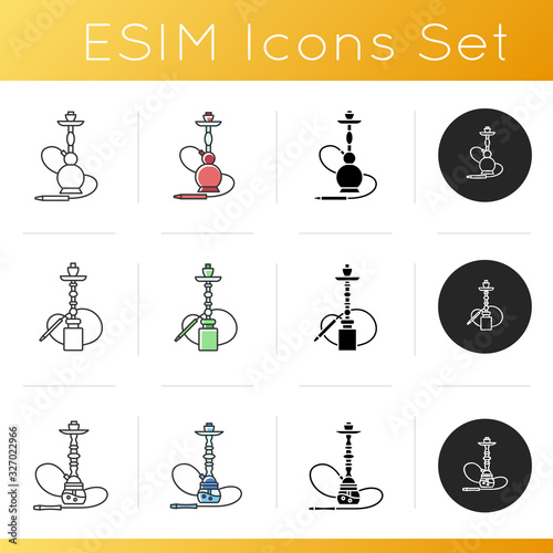 Hookah icons set. Custom object. Sheesha house. Nargile lounge. Smoking area. Accessories for shisha. Oriental hooka. Linear, black and RGB color styles. Isolated vector illustrations