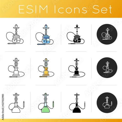 Hookah icons set. Amusement with friends. Sheesha house. Nargile lounge. Odor from pipe. Scent of vaporizing. Smoking area. Linear, black and RGB color styles. Isolated vector illustrations