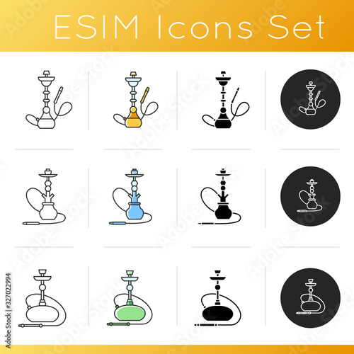 Hookah icons set. Ceremony utensil. Sheesha house. Nargile lounge. Odor from pipe. Scent of vaporizing. Smoking area. Linear, black and RGB color styles. Isolated vector illustrations