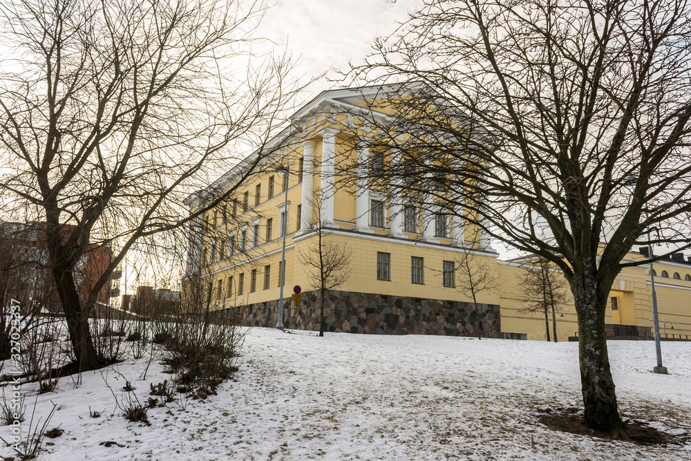 Helsinki, Finland. The Ministry for Foreign Affairs (Ulkoministerio) in a cold winter day, covered in ice and snow