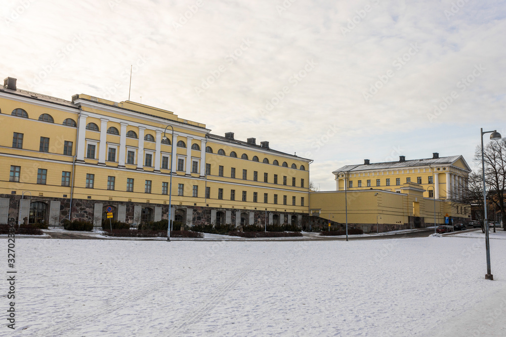 Helsinki, Finland. The Ministry for Foreign Affairs (Ulkoministerio) in a cold winter day, covered in ice and snow
