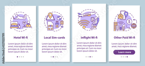 WI-fi types and local SIM-card onboarding mobile app page screen with concepts. Hotel and inflight paid Wi-fi walkthrough 4 steps graphic instructions. UI vector template with RGB color illustrations