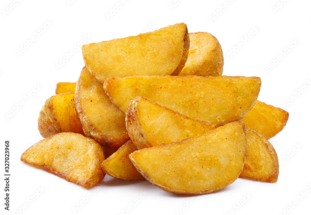 Close-up of fried potato wedges, isolated on white background Close-up of fried potato wedges, isolated on white background