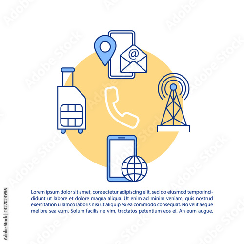 Roaming, international communication concept icon with text. World SIM, email and Internet services. PPT page vector template. Brochure, magazine, booklet design element with linear illustrations