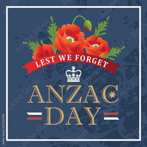 Anzac day card with poppies and text Lest we forget.