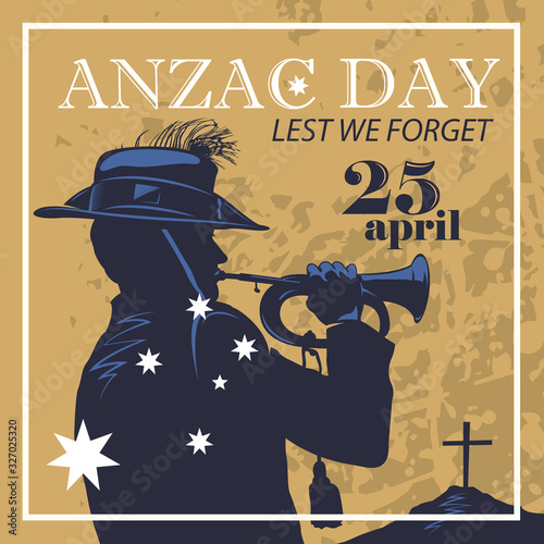 Silhouette of a trumpet soldier on the background of the Australian flag. Anzac Day.