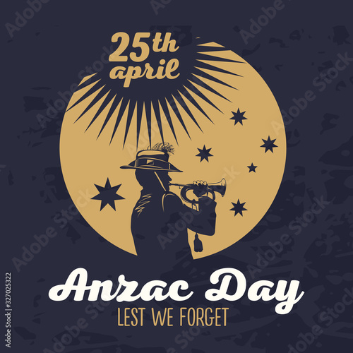 Silhouette of a trumpet soldier against the background of stars of the Australian flag. Anzac Day.
