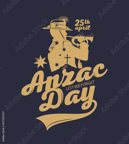 Silhouette of a trumpet soldier and sign of Australian military forces. Anzac day.