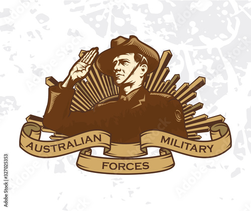 Saluting soldiers on the background of decorative elements and inscriptions of the Australian armed forces