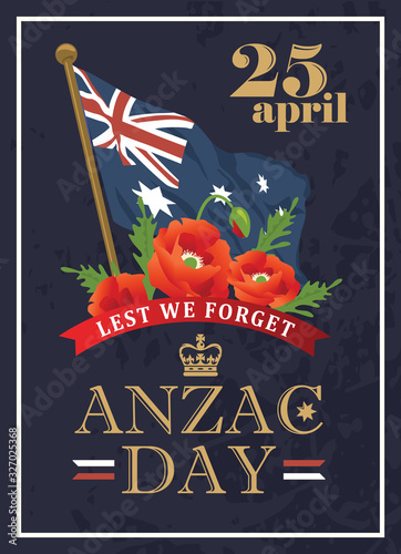 Anzac day card with Australian flag, poppies.Lest we forget