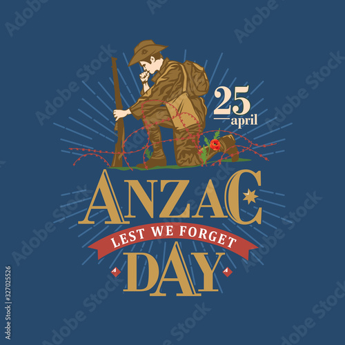 Anzac day. Soldier mourns the fallen comrades. Lest we forget