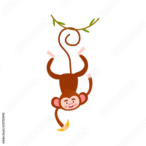 Monkey hanging on tree branch and catching banana vector illustration