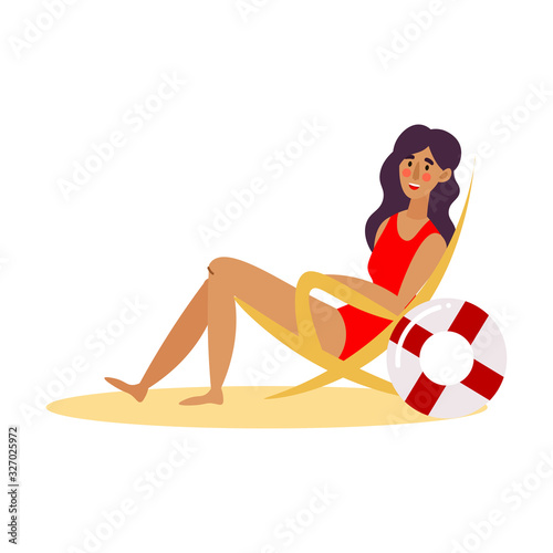 Cute lifeguard girl in red swimsuit sitting in a chair looking into the distance. Vector illustration in flat cartoon style.