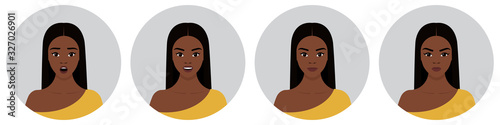A set of four round female avatars with different emotions: joy, happiness, surprise, anger. Young African girl with black hair. Vector flat stock illustration on a transparent background