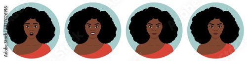 A set of four round female avatars with different emotions: joy, happiness, surprise, anger. Young African girl with black hair. Vector flat stock illustration on a transparent background