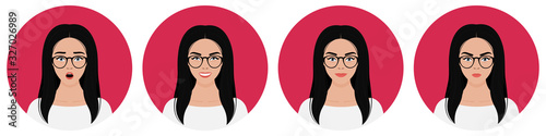 A set of four round female avatars with different emotions: joy, happiness, surprise, anger. A young European girl with black hair and glasses. Vector flat stock illustration on a white background