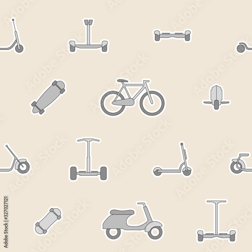 Eco-friendly transport background - Vector color seamless pattern of scooter, monowheel, hoverboard, bicycle and skateboard for graphic design
