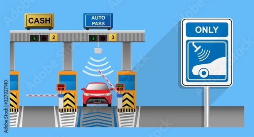 Toll tag trip security IOT receiver transmitter smart network data sign charge fee auto city easy cash exit rush hurry hours travel paid card NFC RFID jam money signal urban car fast pay way delay
