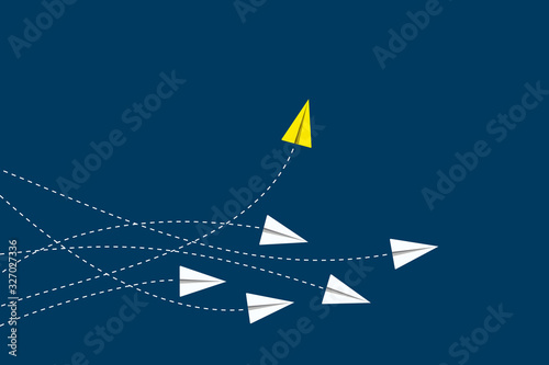 Think differently concept. Yellow airplane changing direction. New idea, change, trend, courage, creative solution, innovation, business for innovative and unique way concept.