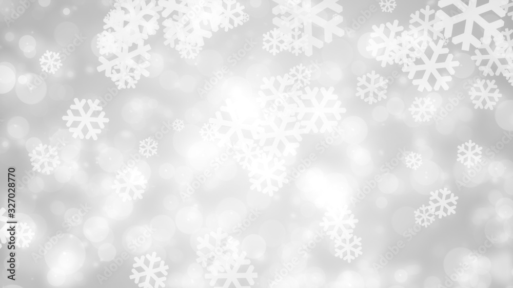 Christmas white snowflake with snow fall on winter gray background.