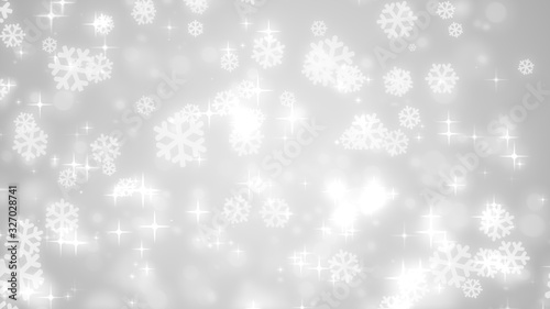 Christmas white snowflake with snow fall on winter gray background.