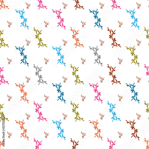 Seamless colorful abstract patterns on a white background. Bright tree twigs in doodle style. Cheerful design for wallpaper, fabric, textile, scrapbook, cards, wrapping, poster, web, greetings, decor
