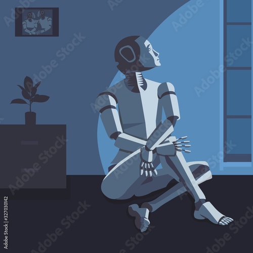Robot artificial intelligence thinks dreams. Isolated  on blue background