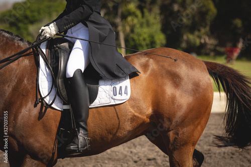 Caucasian woman riding her dressage horse photo