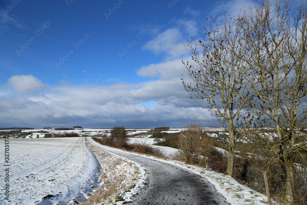 Winter landscape with road and trees on the side of the road Winter landscape with road and trees on the side of the road