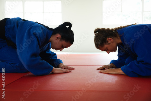 Judokas greeting in the gym