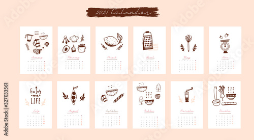 Kitchen calendar background for 2021, vector food ingredients, fun recipe in vintage style