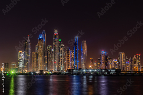 Amazing view of Dubai Marina at night from Palm Jumeirah in Dubai UAE