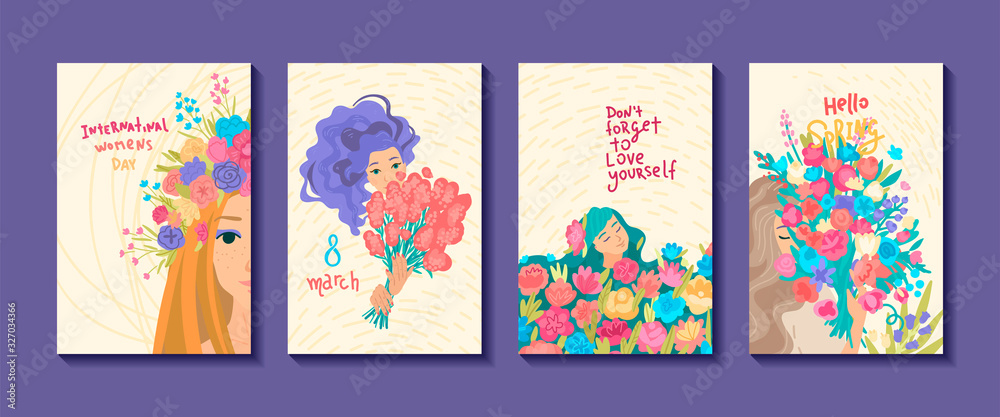 International Women's Day. Set of greeting cards. Vector templates for card, poster design. Cartoon illustration International Women's Day. Set of greeting cards. Vector templates for card, poster design. Cartoon illustration