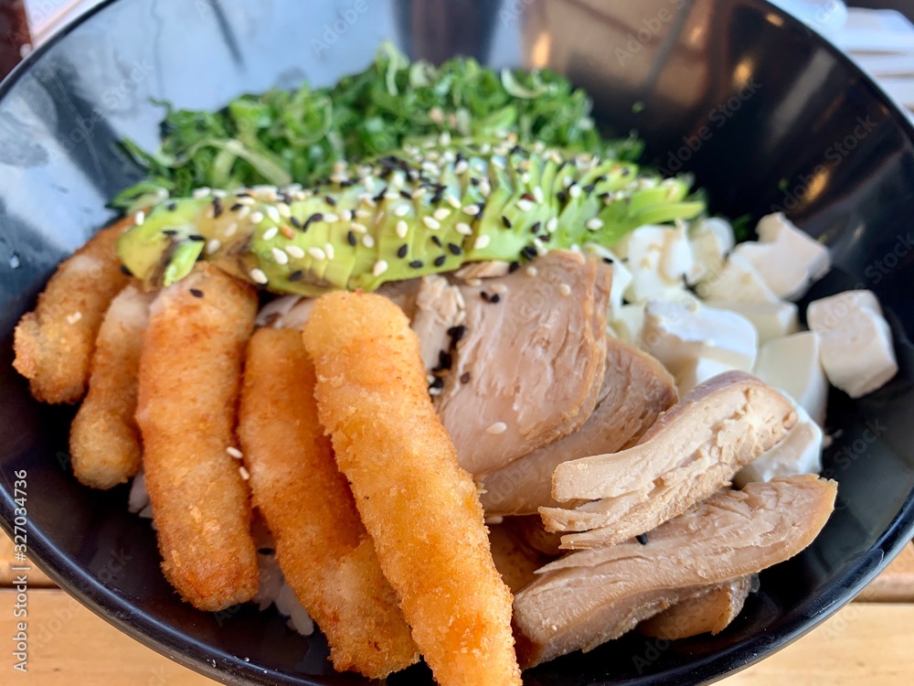 Japanese food fried shrimp chicken avocado sushi bowl Japanese food fried shrimp chicken avocado sushi bowl