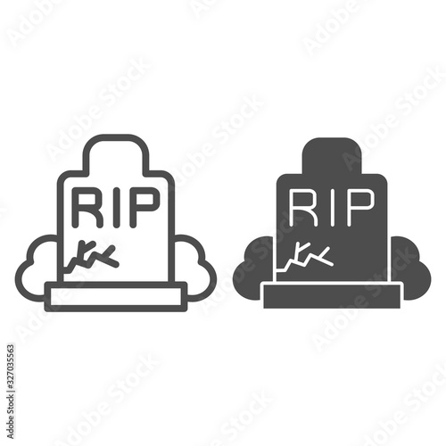 Gravestone line and solid icon. Grave, funeral gravestone with rip sign and crack. Halloween party vector design concept, outline style pictogram on white background.