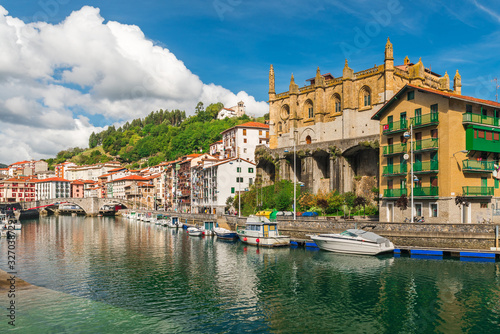 Beautiful old town Ondarroa with river and bridge in Basque country, Spain