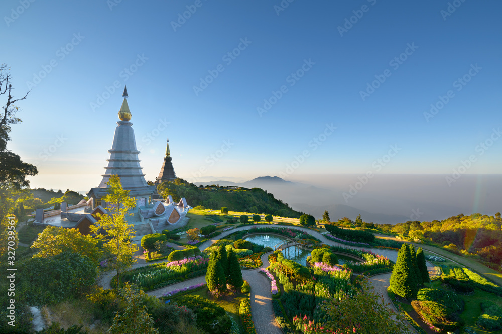 Naphamethinidon and Naphaphonphumisiri, Chedi of the Queen and Chedi of the King, the two pagodas and garden near the summit of the highest mountain in Thailand. Doi Inthanon, Chiang Mai Province