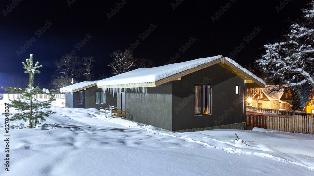 Cottages in the winter resort of Bakuriani at night