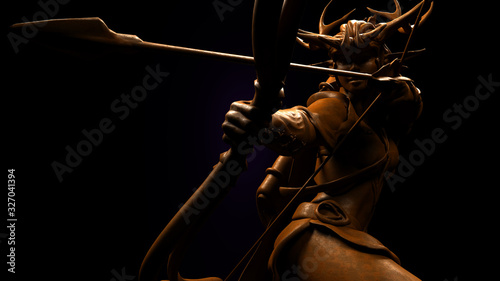 3D composite illustration of Elven Ranger with bow and arrow in an action shot. Sculpture. 3D rendering. Art