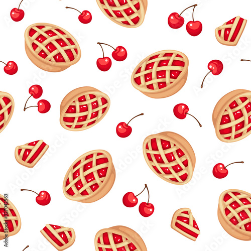 Vector seamless pattern with cherry pies and cherries on white.