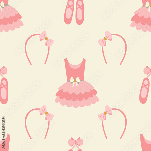 Seamless pattern of ballerina dress, headbands and dance shoes on a creme background.