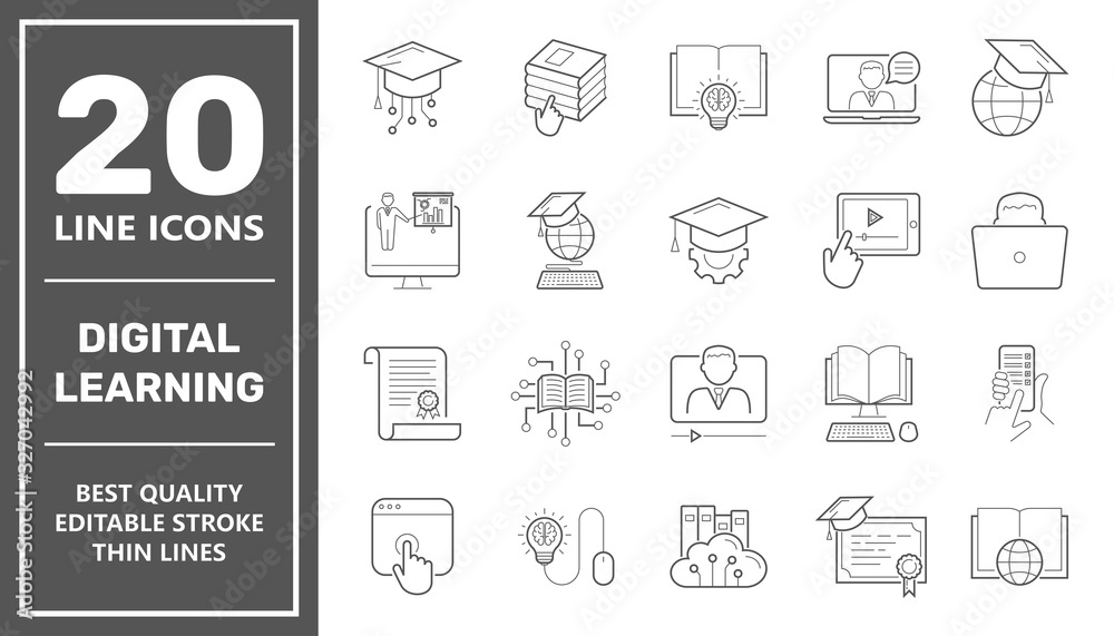 E-learning, digital learning. online education elements thin line web icon set. Outline icons collection. Simple vector illustration. Editable Stroke